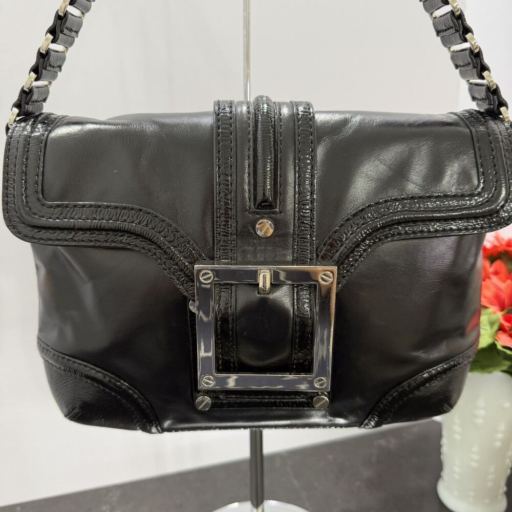 Tory Burch Black Leather Shoulder Bag Patent Trim Silver Hardware Y2K
